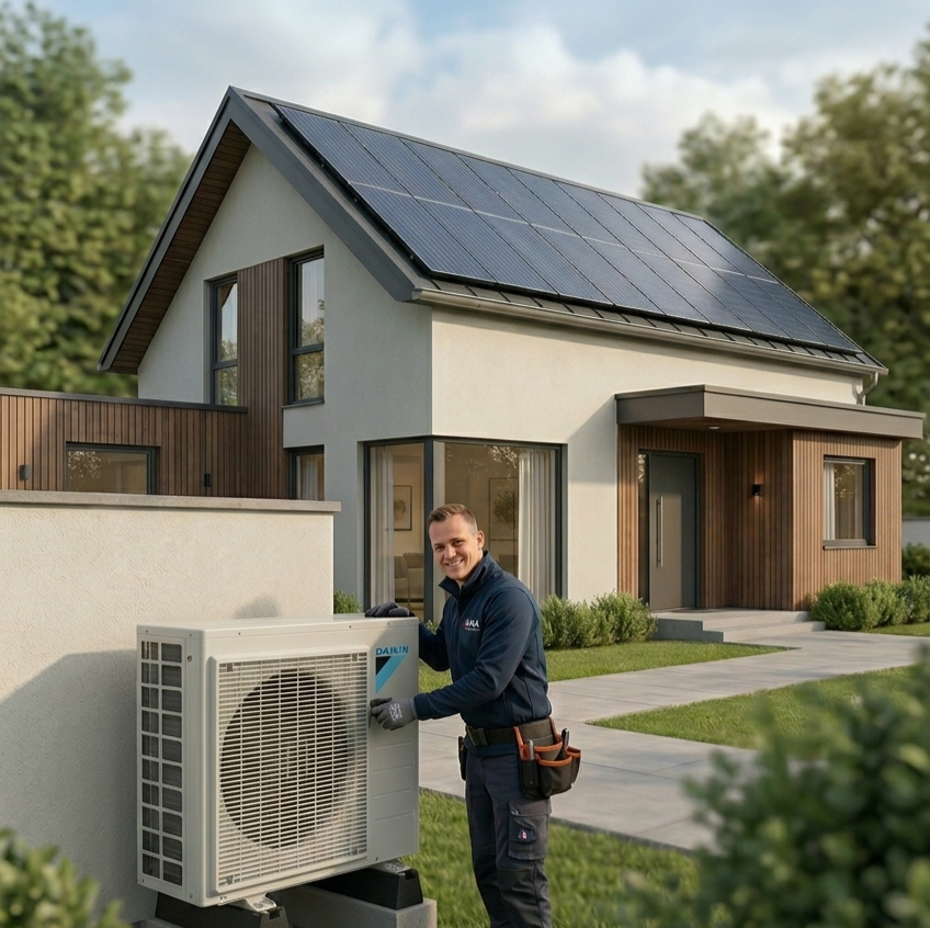 pola monteur verduurzaming bij moderne woning met warmtepomp en zonnepanelen