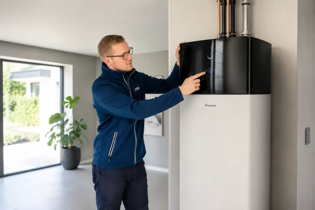 Warmtepomp Controle Daikin Door Pola Installatietechniek Monteur In Moderne Woonkamer